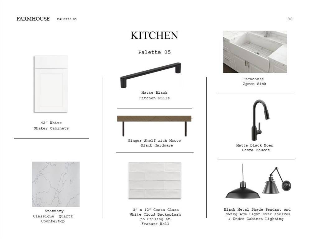 Farmhouse Look Palette 5: Kitchen Selection Sheet (*Artist rendering used for illustration purposes only.)