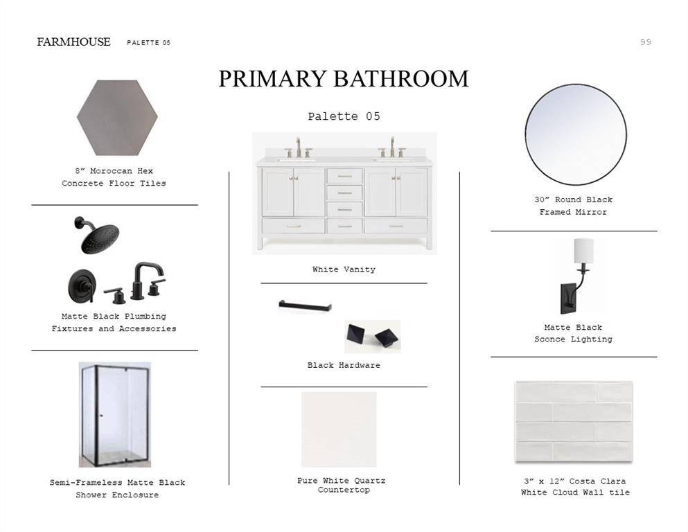 Farmhouse Look Palette 5: Primary Bathroom Selection Sheet (*Artist rendering used for illustration purposes only.)
