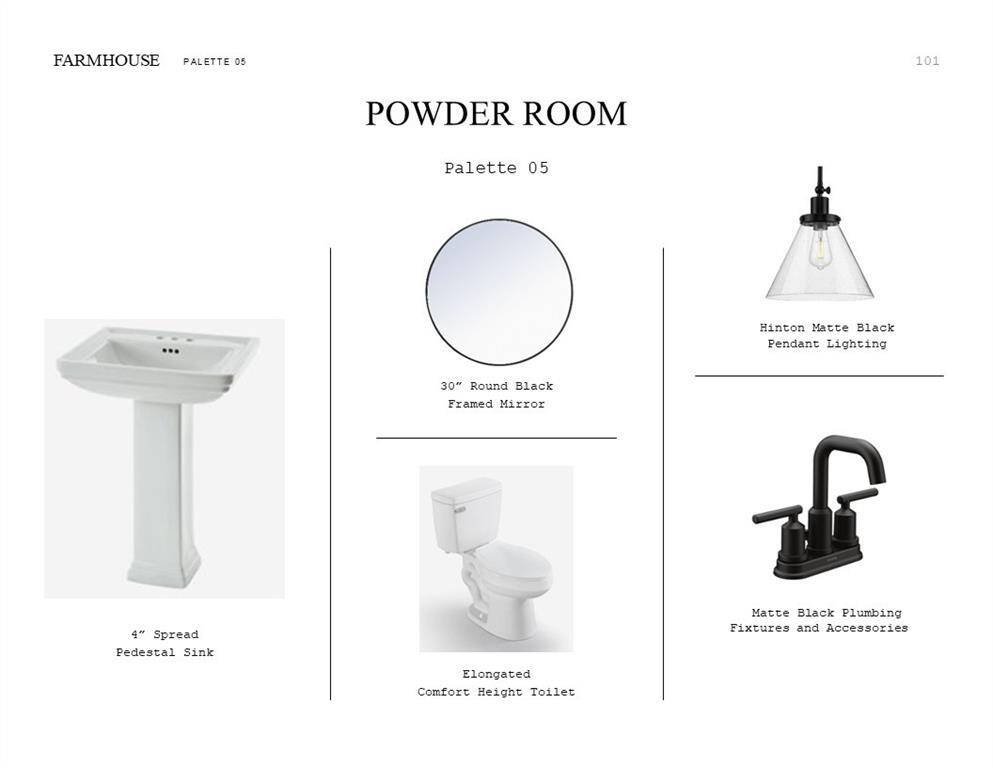 Farmhouse Look Palette 5: Powder Room Bathroom Selection Sheet (*Artist rendering used for illustration purposes only.)