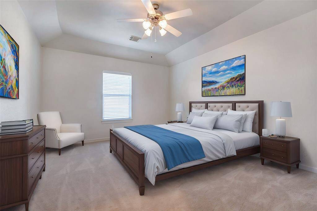 This is a RENDERING of what the secondary upstairs Bedroom would look like with furniture.