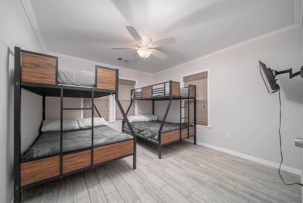 Bedroom 1 features 2 sets of bunk beds with room to sleep up to 6 or 7.