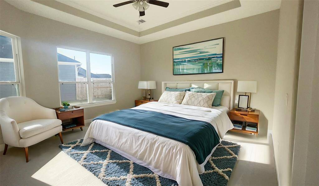 Discover the epitome of luxury and tranquility in the Portico's primary bedroom at Winfrey Estates. This elegant retreat features spacious interiors, exquisite finishes, and a serene ambiance providing the perfect sanctuary. *Image depicts similar floor plan in the community and is virtually staged.