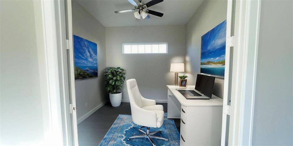 The Portico's flex room provides a versatile space that can be customized to suit your lifestyle, whether as a home office, craft room, or additional living area. *Image depicts similar floor plan in the community and is virtually staged.