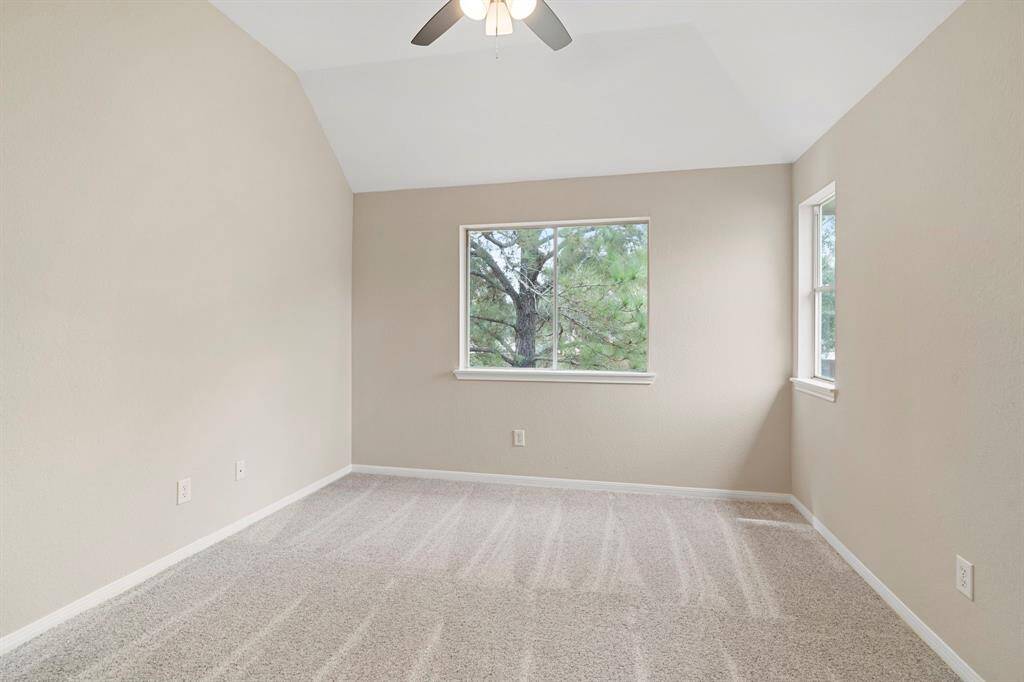 Secondary bedroom features windows, plush new carpet, and a ceiling fan.