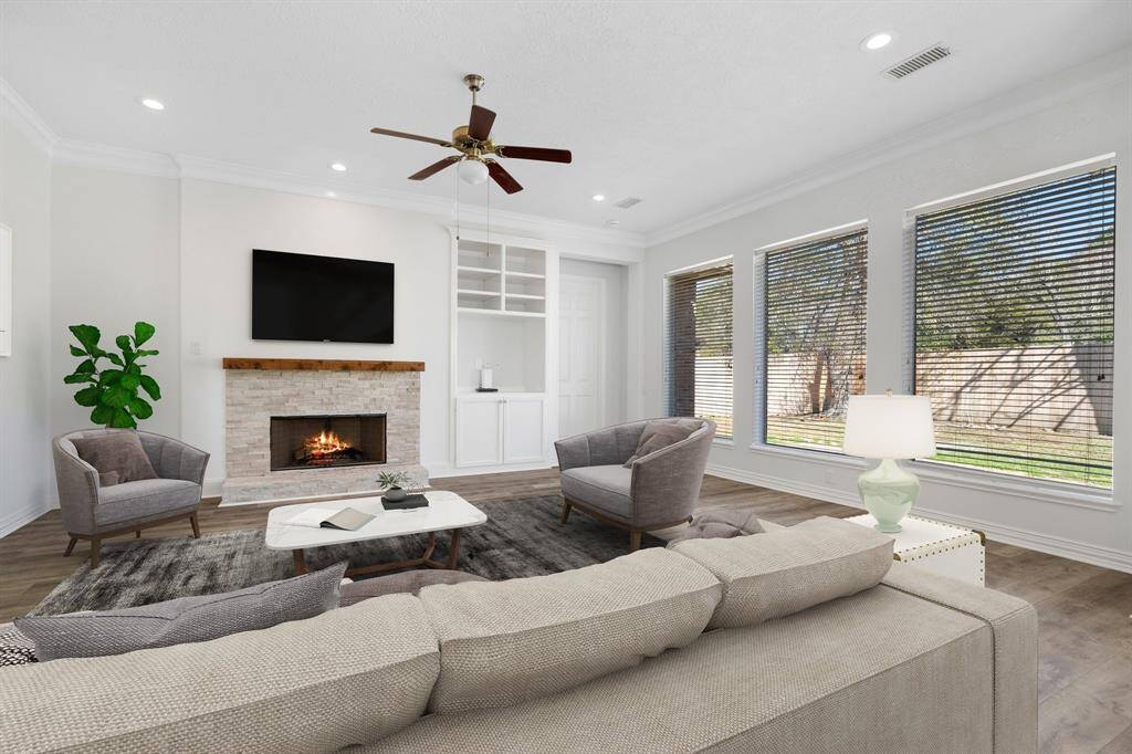 Open spacious living area with new fireplace