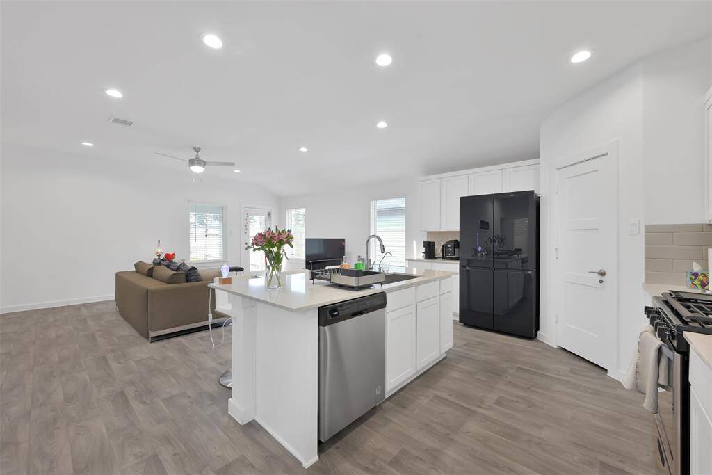 Kitchen overlooks the den