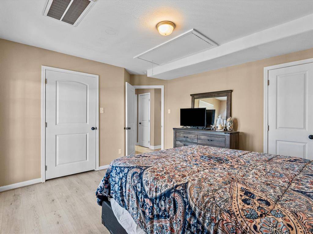 This cozy bedroom features neutral walls and light wood flooring, creating a warm atmosphere. It includes a bed with a patterned comforter, a dresser with a mirror, and a TV. Two doors offer convenient access, enhancing the room's functionality.