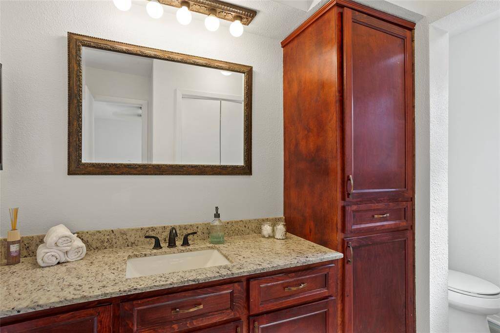 Primary bathroom has plenty of storage space! (Closet is to the left.)