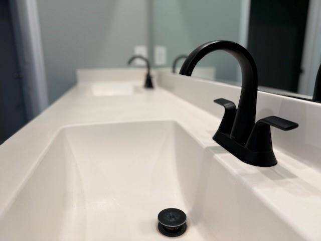 Primary Bath with lux feel high neck Koehler faucers and cast marble counter top.