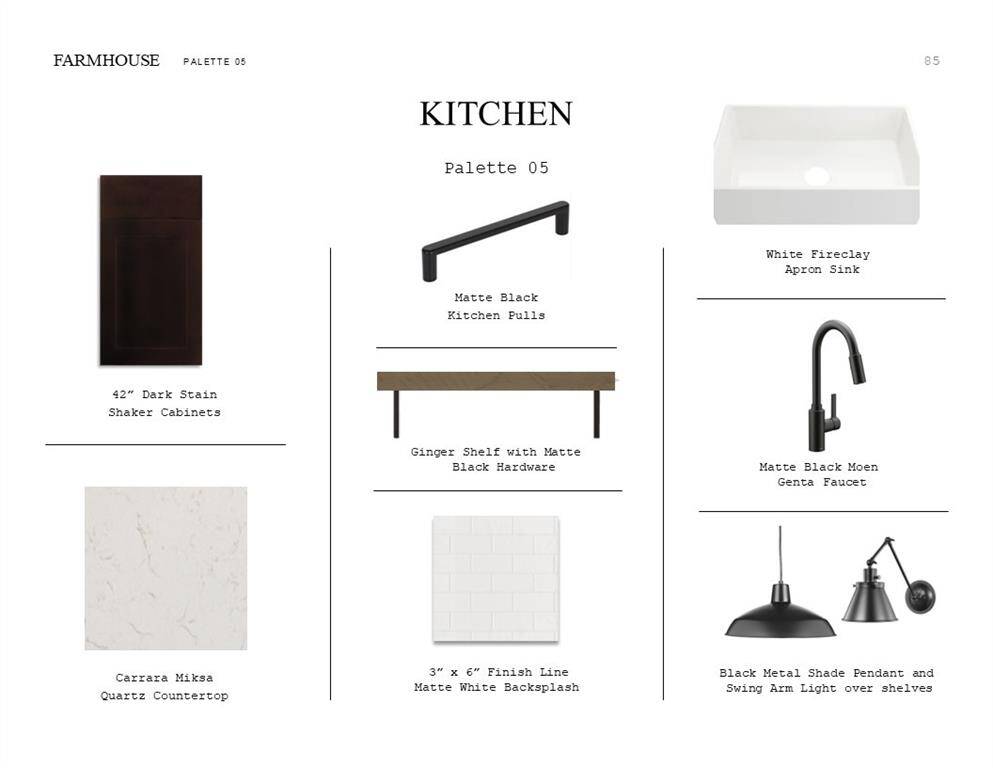 Farmhouse Look Palette 5: Kitchen Selection Sheet (*Artist rendering used for illustration purposes only.)
