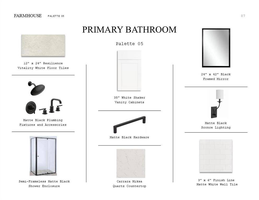 Farmhouse Look Palette 5: Primary Bathroom Selection Sheet (*Artist rendering used for illustration purposes only.)