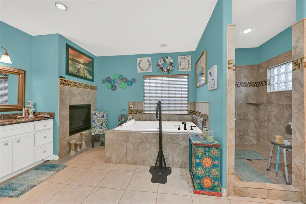 Master bathroom with gas fireplace