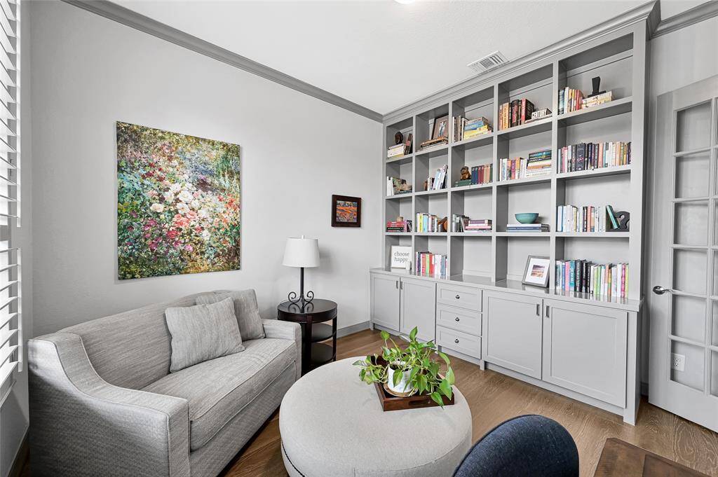 Custom built-in cabinets and shelving offer great storage with a clean, contemporary feel.