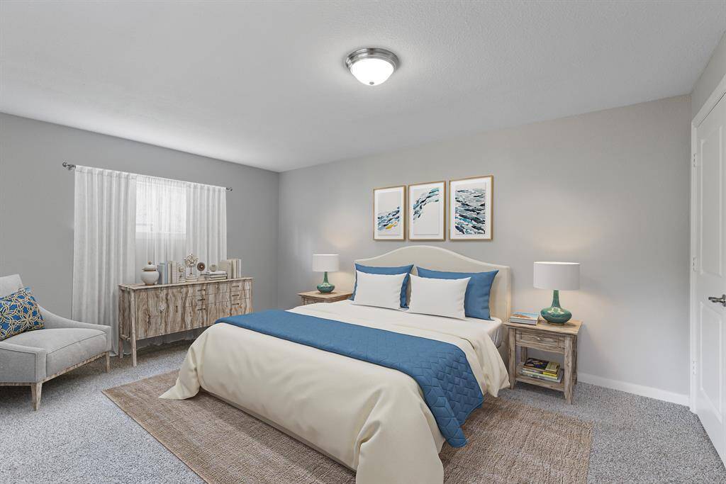 Virtually stage primary bedroom shows plenty of room here