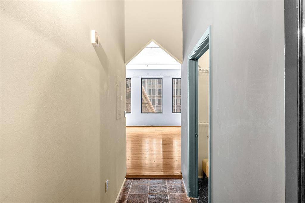Standing outside Bathroom looking through Hallway into open Living/Dining/Bedroom Kitchen offers an interesting architectural perspective! Open door on right is Walk-In Closet.