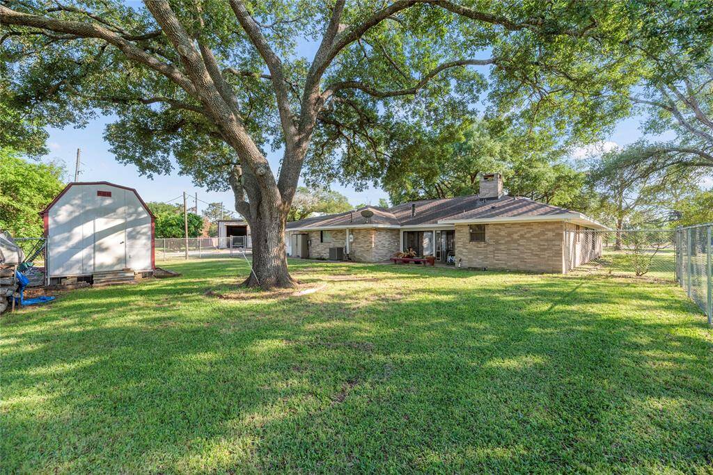 Backyard is fenced and has mature trees for shade.