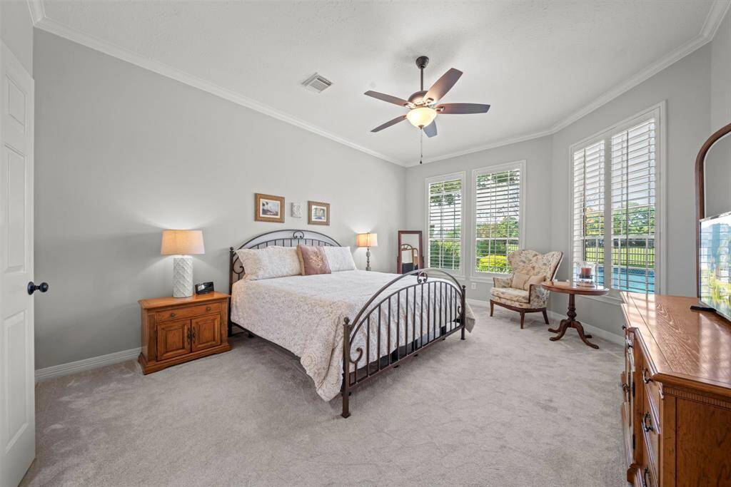 The primary bedroom with soaring ceilings, plush carpet, an updated ceiling fan, crown molding and 2" blinds!