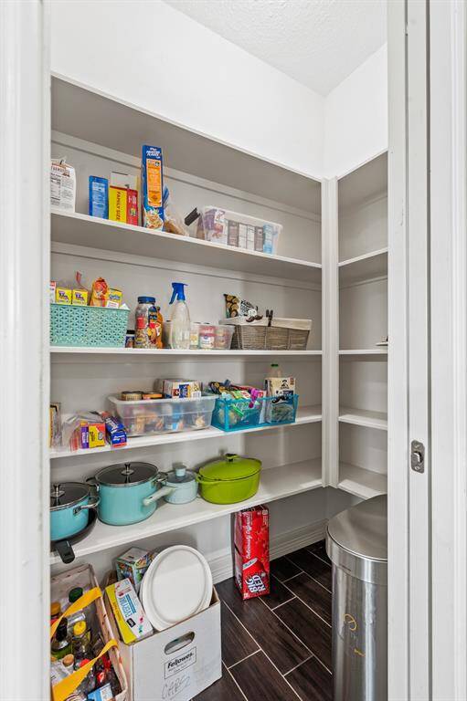 Generous walk-in pantry with custom pocket door.