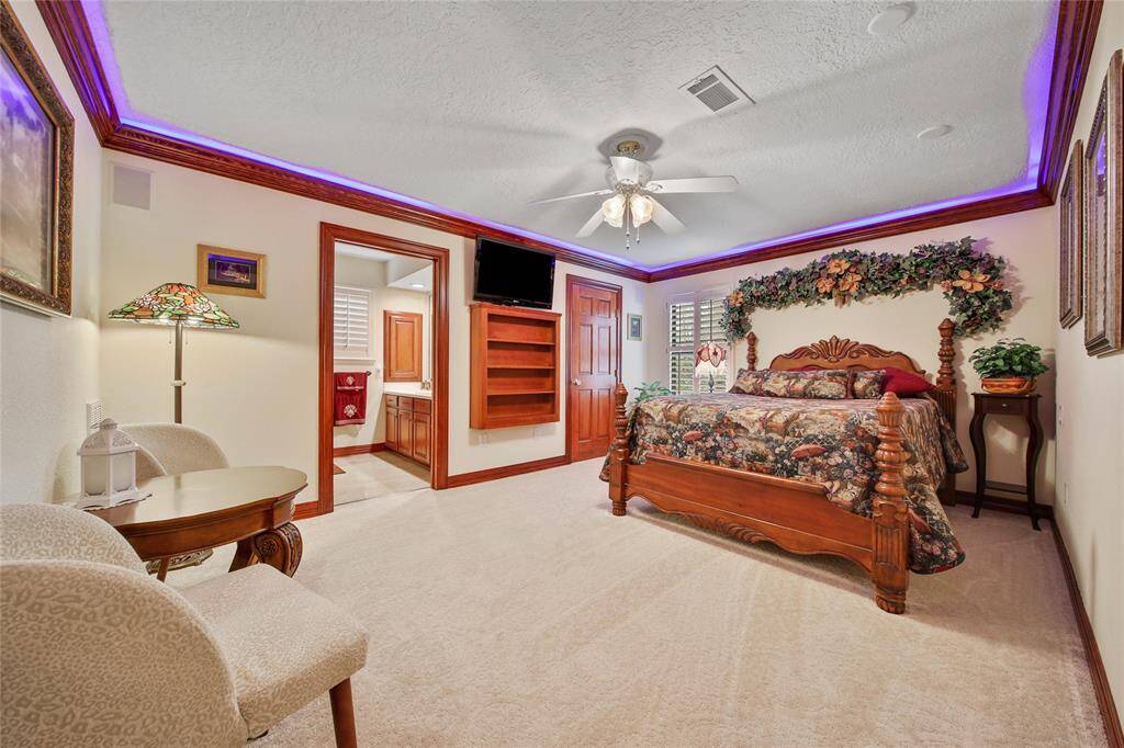 Downstairs Jr suite features crown molding, rope lighting, walk in closet and full private bath! Mom will love this spot! New carpet installed 2022.