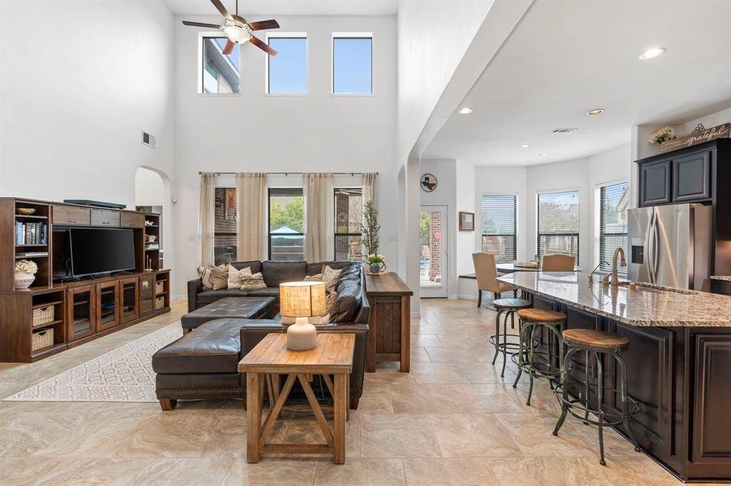 Open concept living with soaring ceilings.