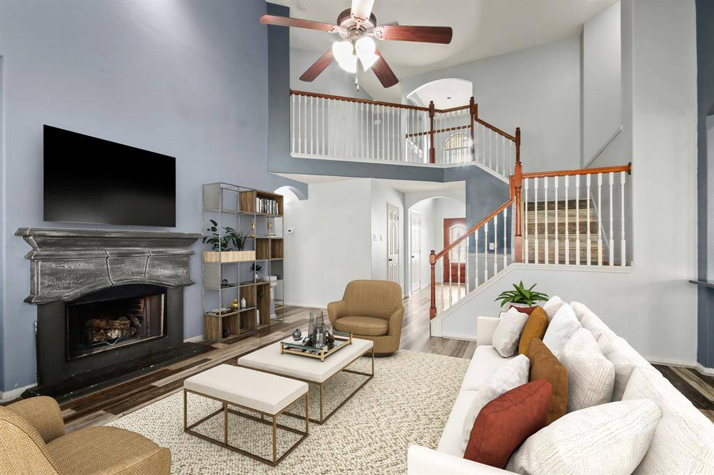 Open living room, staged with furniture photo