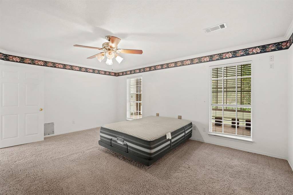A spacious bedroom with neutral walls and a floral border. It features a ceiling fan, two large windows for natural light, and plush carpeting, offering a cozy and inviting atmosphere.