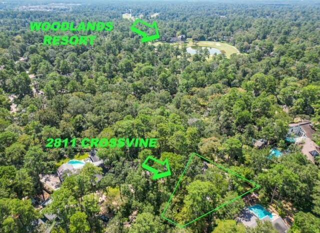 Aerial view of a lush, wooded area. The location is near the Woodlands Resort, and a short distance from I-45, market street and The Woodlands Mall. Yet still providing a serene, green environment with nearby amenities.