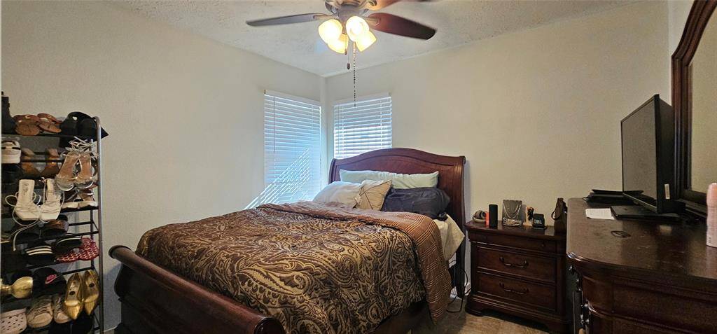 Cozy 2nd  bedroom with neutral walls, featuring a large bed, ceiling fan, and ample natural light from two windows.