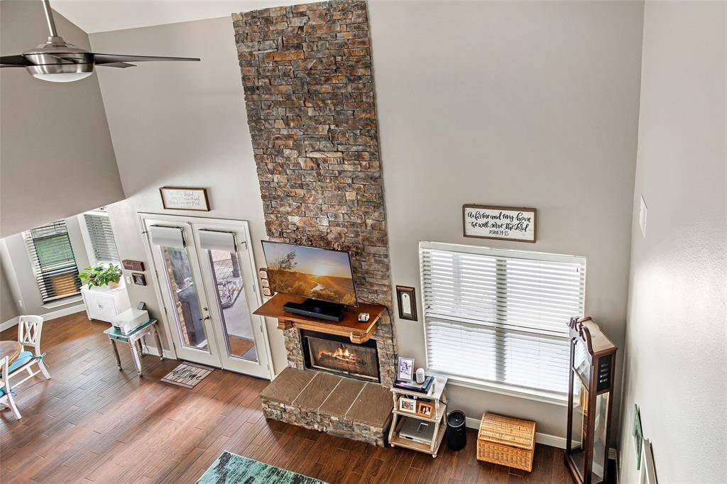 View of the living room from the second story balcony