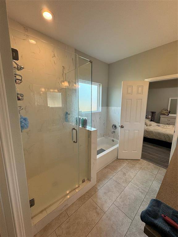 Luxurious main bathroom featuring a separate bathtub, a walk-in shower, and a double vanity.