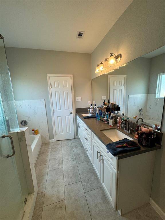 Luxurious main bathroom featuring a separate bathtub, a walk-in shower, and a double vanity.