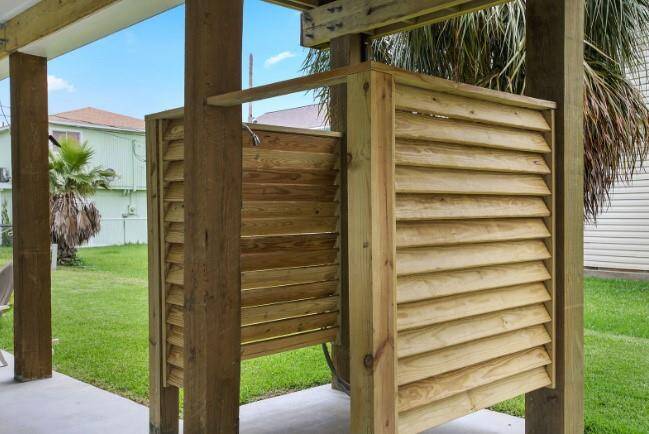 Outdoor shower with hot and cold water