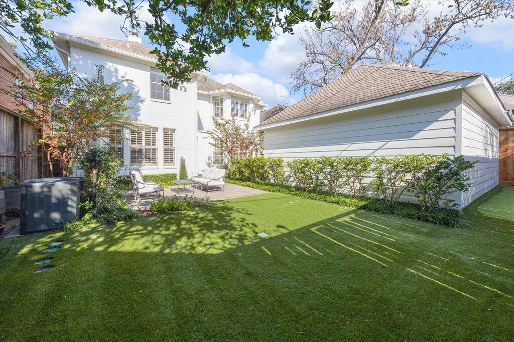 Another view of back yard and synthetic turf.