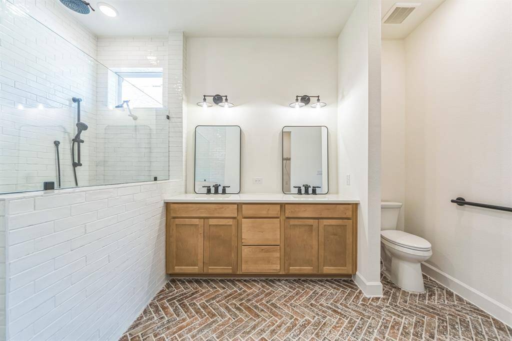 master bathroom with amazing German schmear flooring