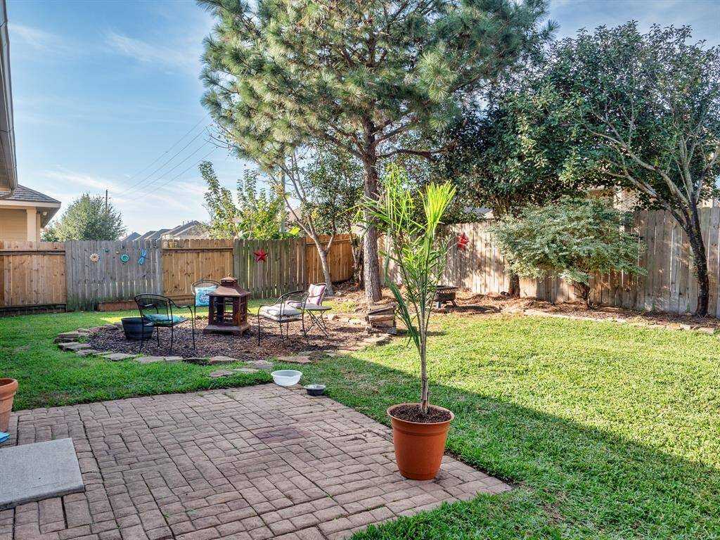Large fenced backyard, fire pit area and porch.
