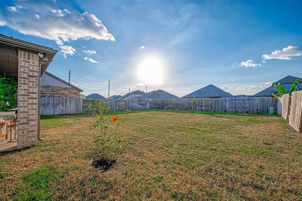 Spacious backyard with a well-maintained lawn, privacy fence, and a small flowering plant. Ideal for outdoor activities and gardening. Sprinkler System front and back.