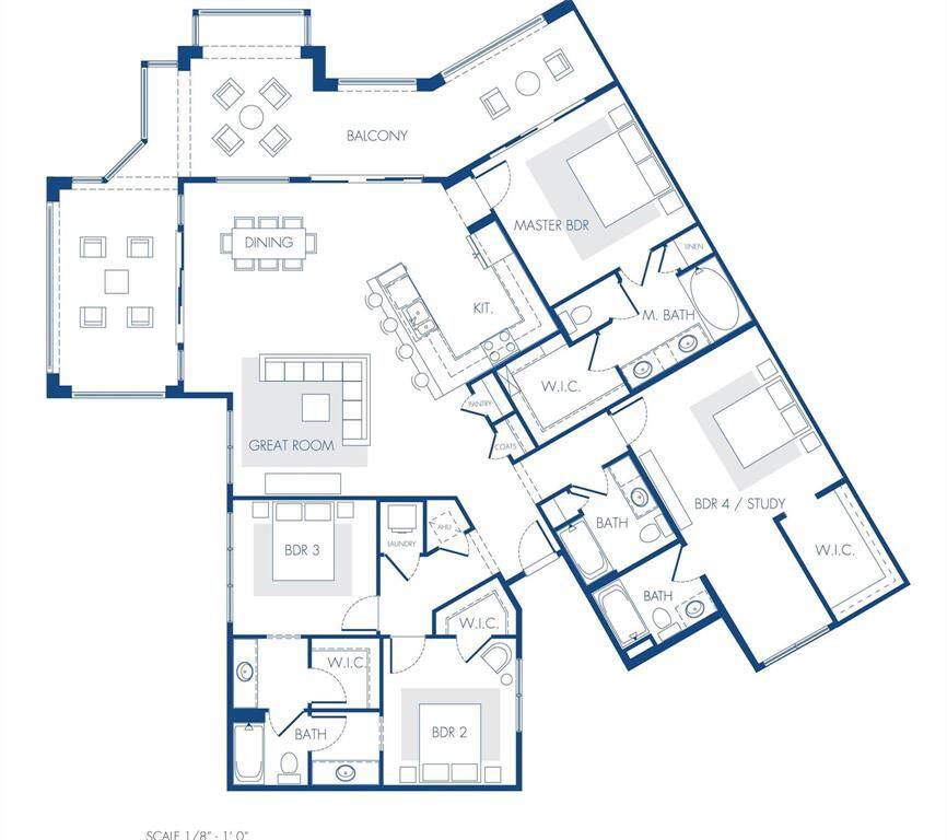 This is a spacious and modern floor plan featuring 4 bedrooms, 3 bathrooms, a master suite with a walk-in closet (W.I.C.), an open-concept kitchen and great room, a separate dining area, and a balcony. The layout includes a laundry room and additional walk-in closets for ample storage.