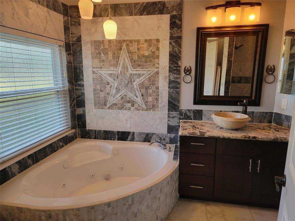 Recently remodeled primary bathroom. Texas proud.