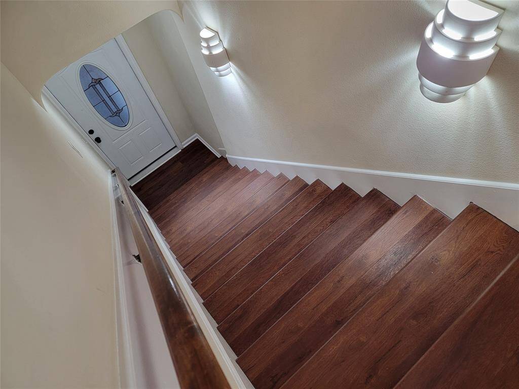 Custom made stairs leading to recreation area.