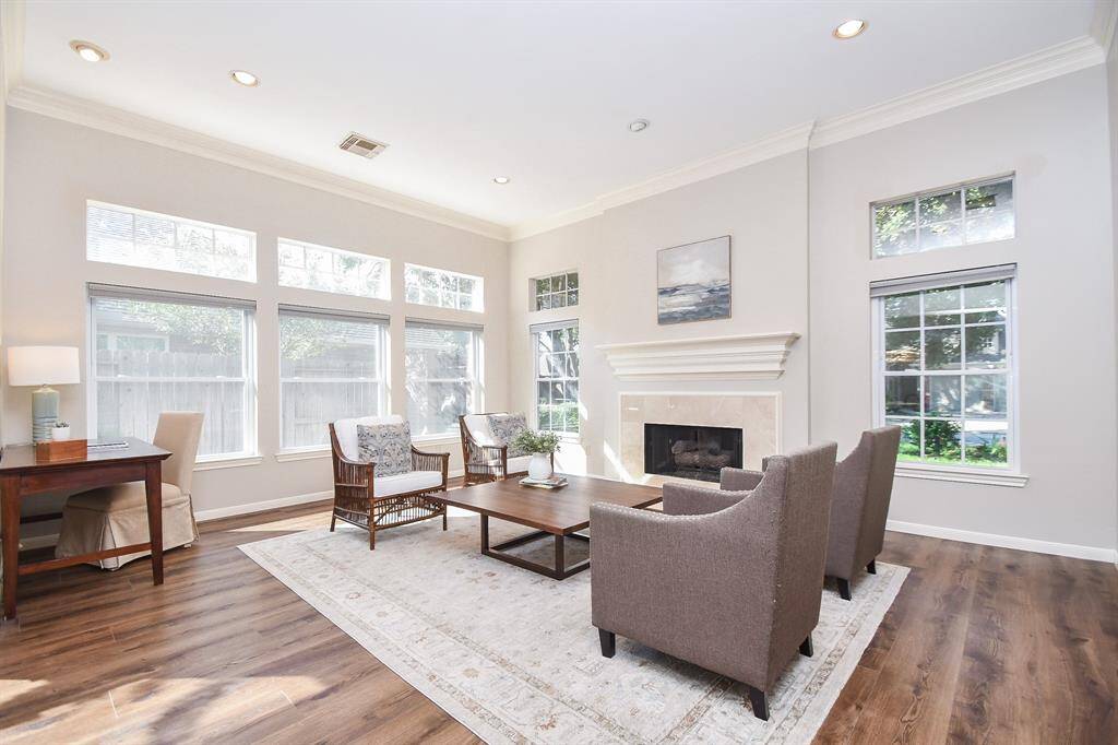 Transom windows enhance this impressive room