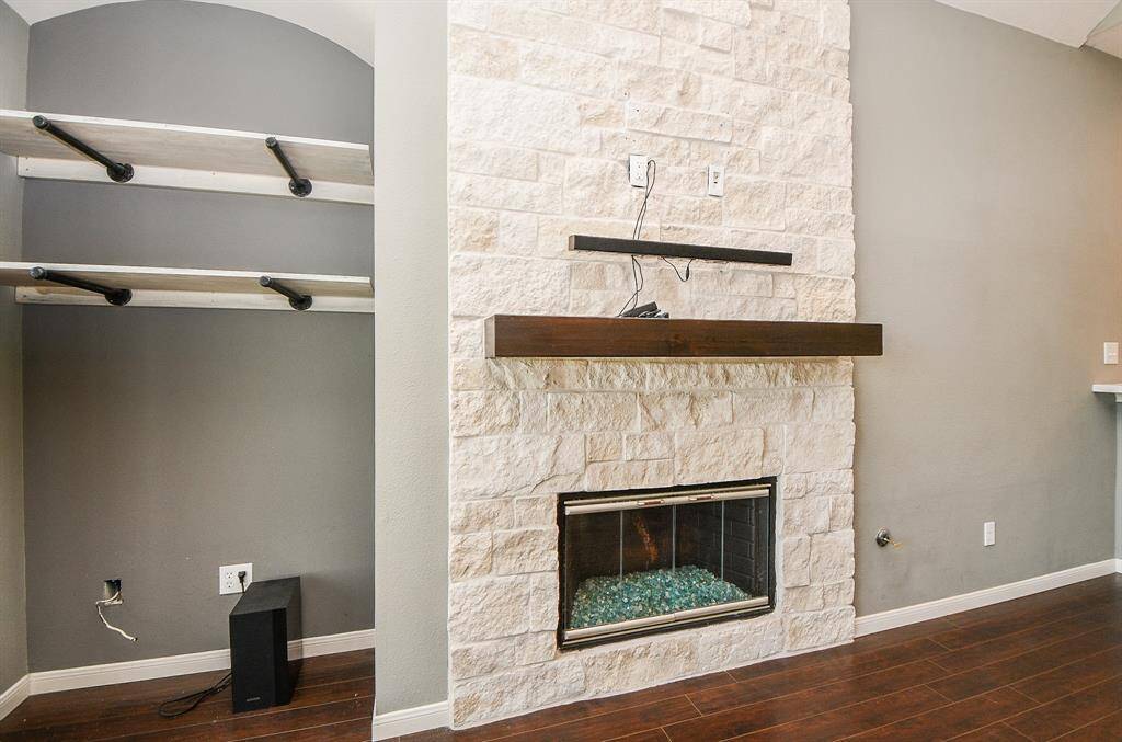 Stone fireplace.