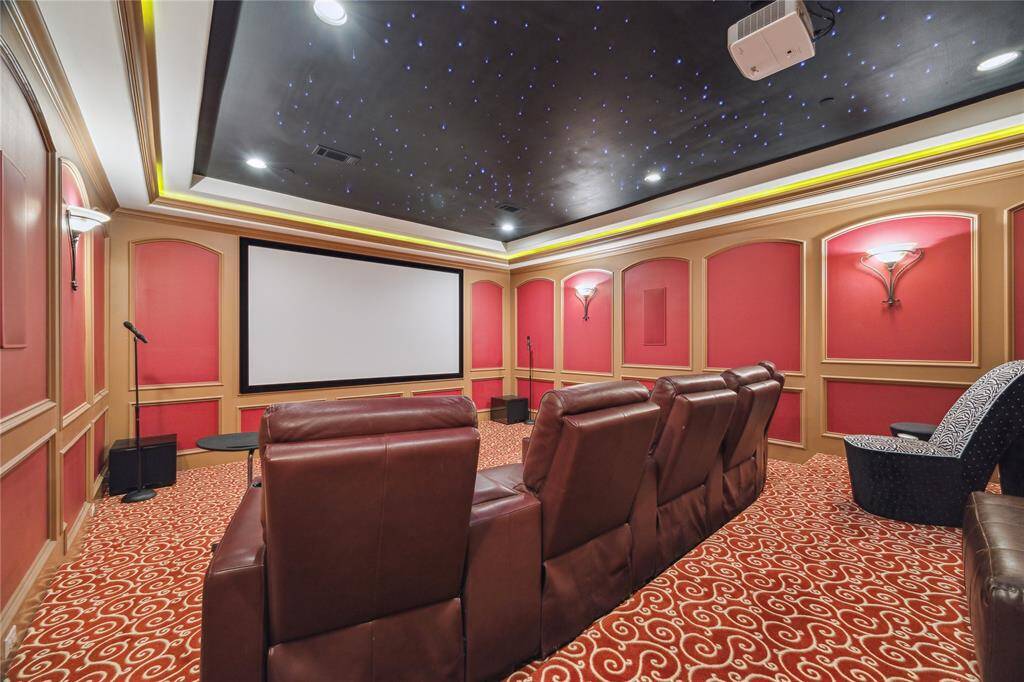 Luxurious home theater with plush seating, ambient lighting, and a large screen for the ultimate cinematic experience. Perfect for entertainment enthusiasts.