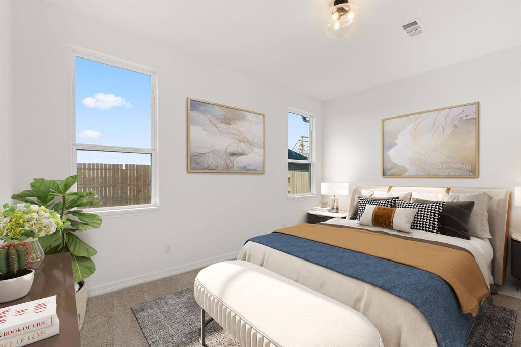 The primary bedroom is generously sized, creating a tranquil and spacious retreat that offers ample room for relaxation. Featuring plush carpet, high ceilings, fresh paint, and large windows that lets in natural lighting throughout the day. Photo is virtually staged