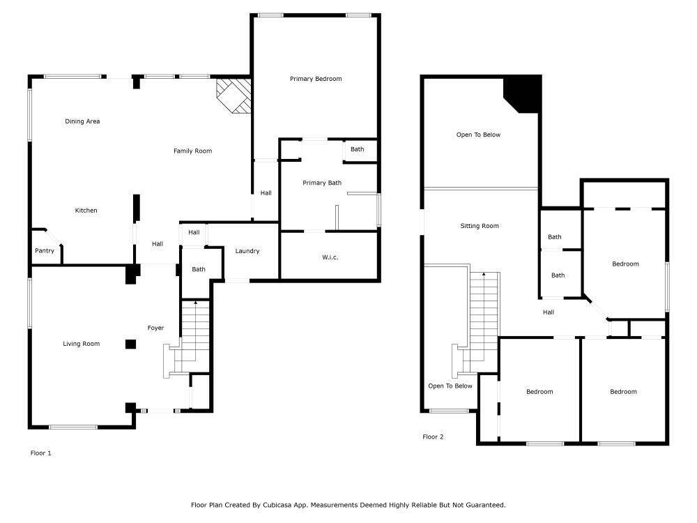 This is a two-story home featuring an open-concept living area with a kitchen, dining area, and family room on the first floor, along with a separate living room, foyer, laundry, and a primary bedroom suite. The second floor includes additional bedrooms, baths, and a sitting room, with some areas open to below, providing a spacious feel.