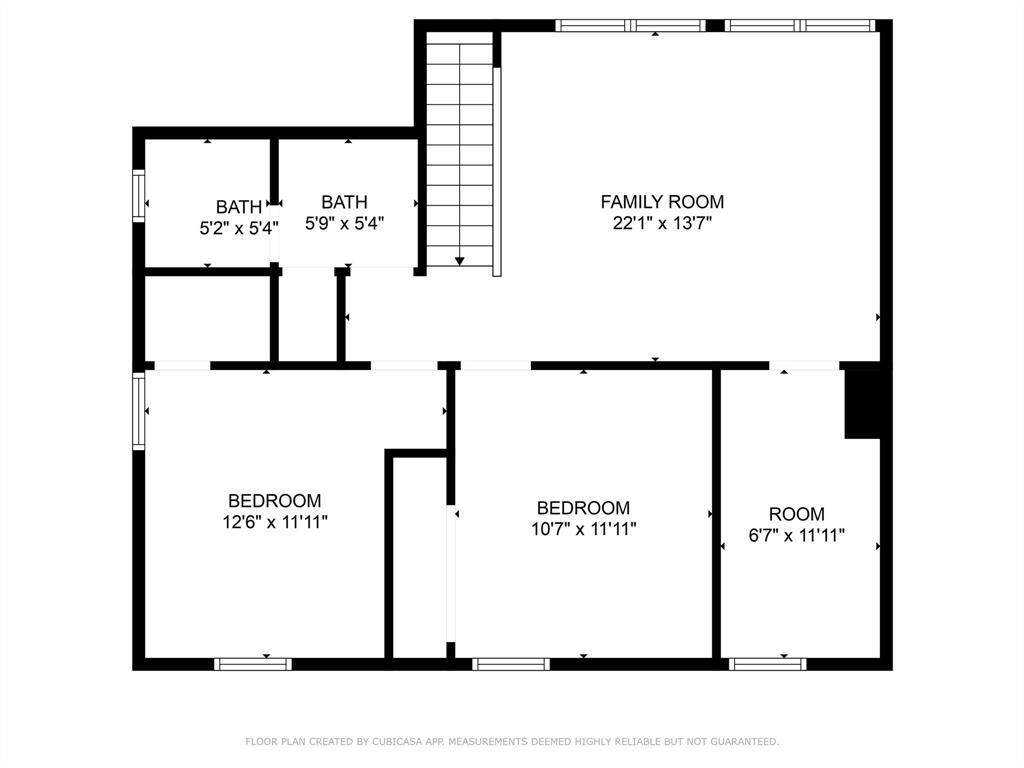 This floor plan features a spacious family room (22'1" x 13'7"), two bedrooms (12'6" x 11'11" and 10'7" x 11'11"), two bathrooms, and an additional room (6'7" x 11'11"). Ideal layout for comfortable living.