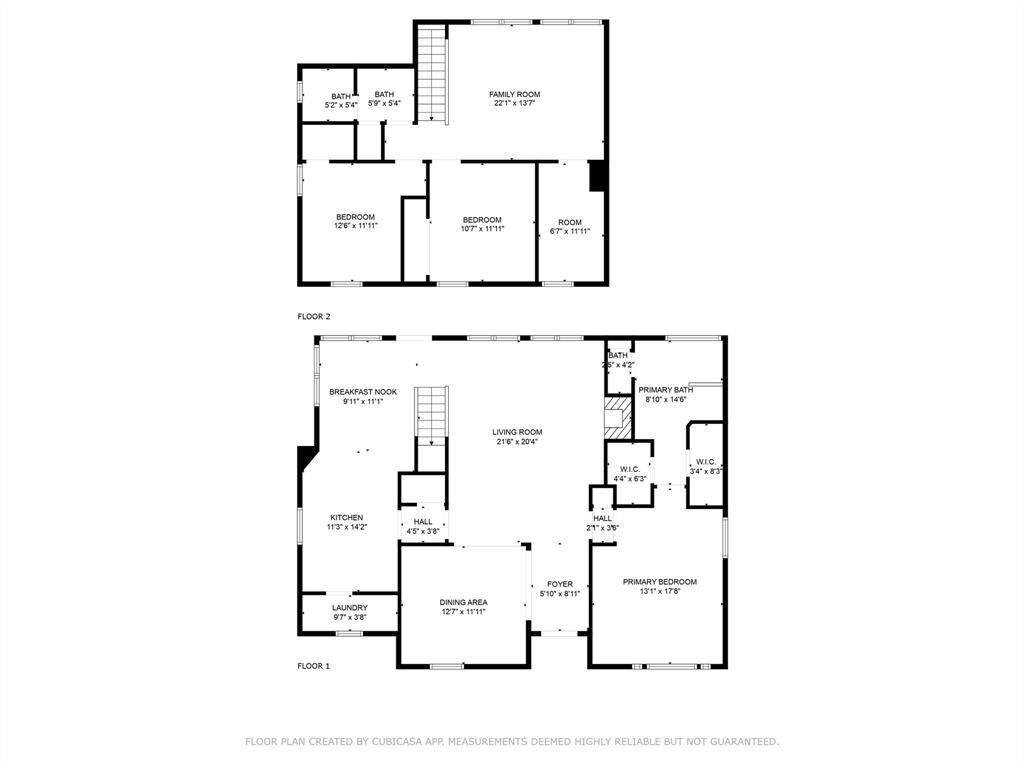 This floor plan features a two-story home. The first floor includes a kitchen with a breakfast nook, living room, dining area, laundry, and half bath. The primary bedroom on this level has an en-suite bath and two walk-in closets. The second floor has two bedrooms, a family room, an additional room, and two bathrooms.