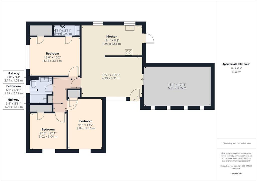 This floor plan features three bedrooms, a spacious kitchen, and a large living area. It includes a main bathroom and a separate WC. The total area is approximately 94.72 square meters (1,019.57 square feet), providing a cozy and functional layout.