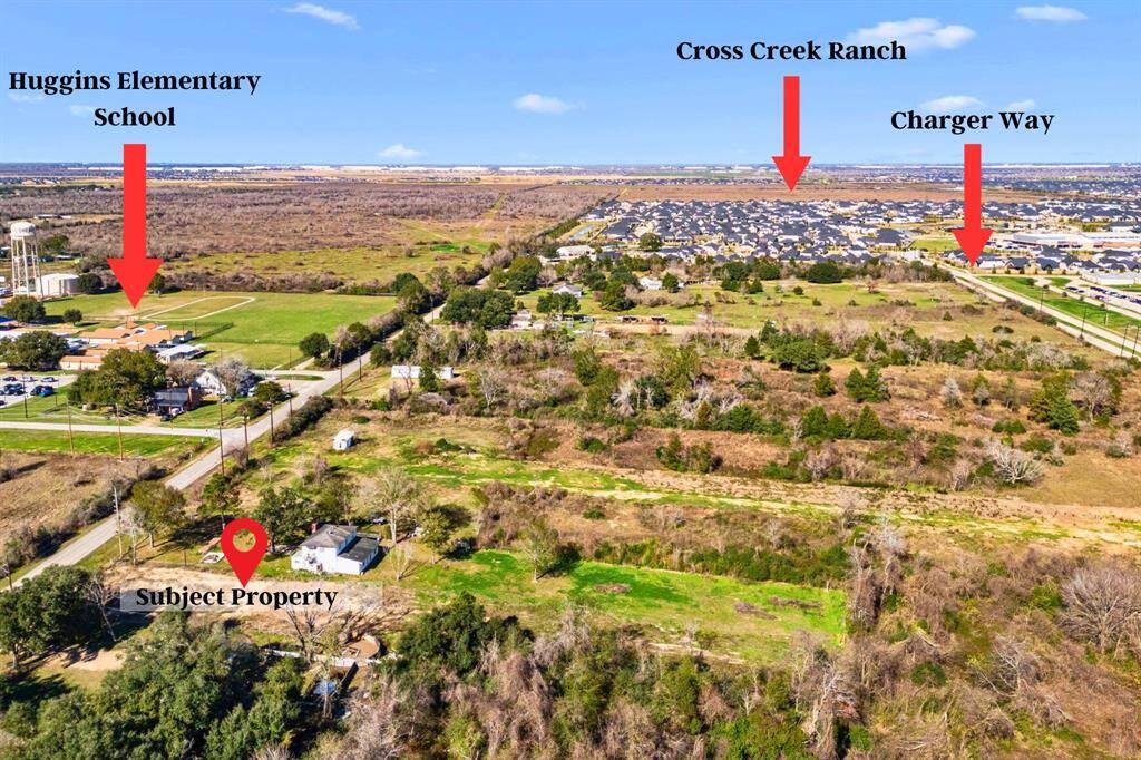 This view faces north on Fulshear Katy Road, with the Cross Creek Ranch huge development situated just ahead and Huggins Elementary School located to the left.