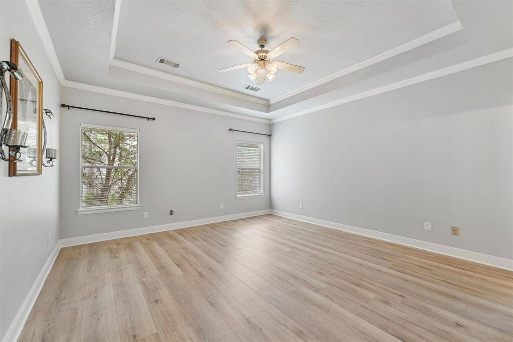 Primary bedroom with tray ceilings and natural light