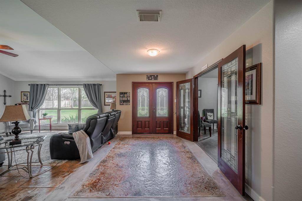 Stamped stained concrete floors.